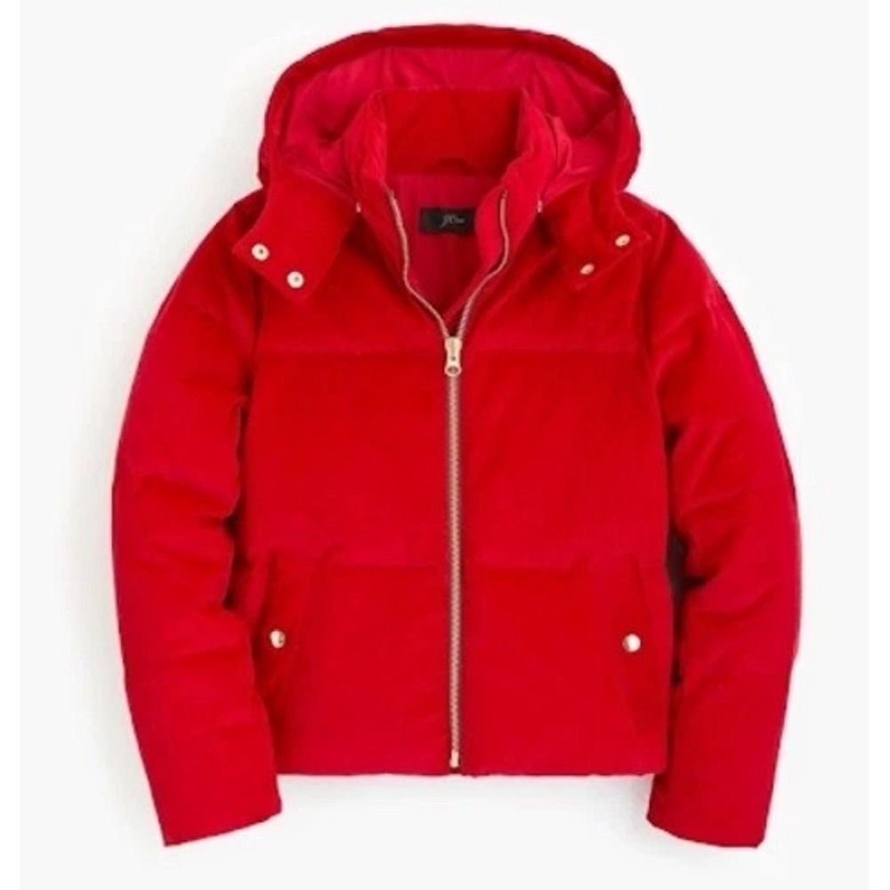 J. Crew Prima Loft Red Corduroy Puffer Jacket Gold Accents Removable Hood .